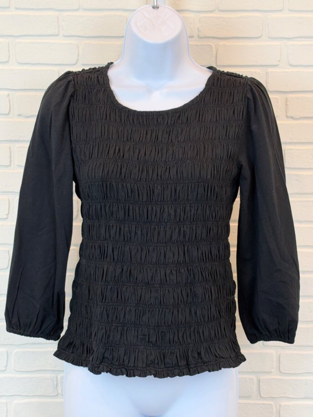 J.Jill Smocked Top Black Scoop Neck 3/4 Sleeve XS Petite